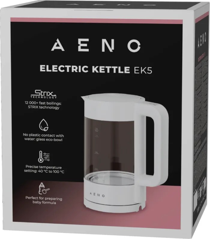 Електрическа кана за вода AENO AEK0005, 2200W, 1.7 л, 40-100°C, 360° основа, STRIX, LED дисплей, Филтър, Бял