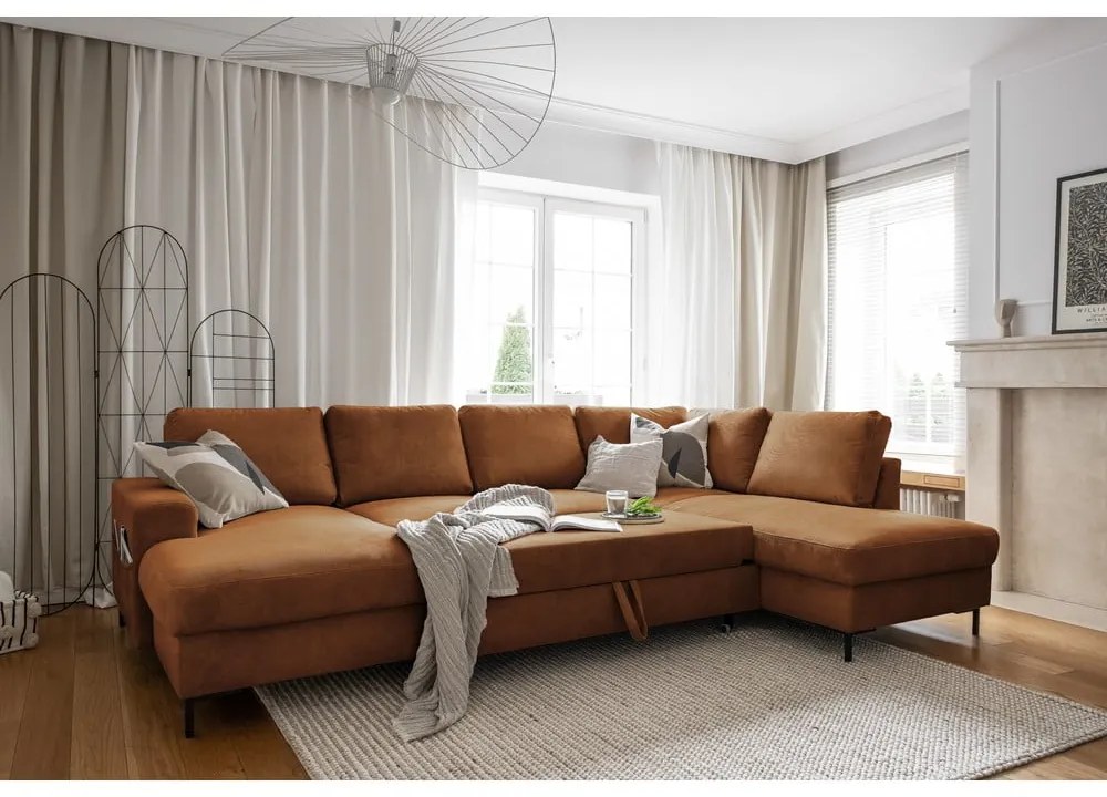Оранжево-кафяв разтегателен ъглов диван от рипсено кадифе (десен ъгъл) Lofty Lilly – Miuform
