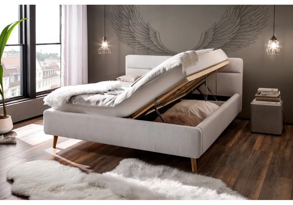 Светлосиво двойно легло 160x200 cm тапицирано с място за съхранение с включена подматрачна рамка Lotte – Meise Möbel