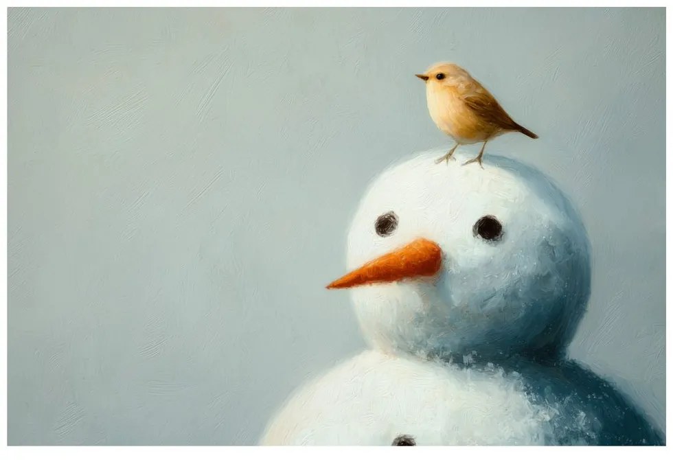 Картина на платно – Коледен снежен човек с птиче