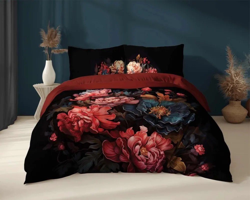 Черни памучни чаршафи с флорален десен 3 časti: 1ks 160x200 + 2ks 70x80