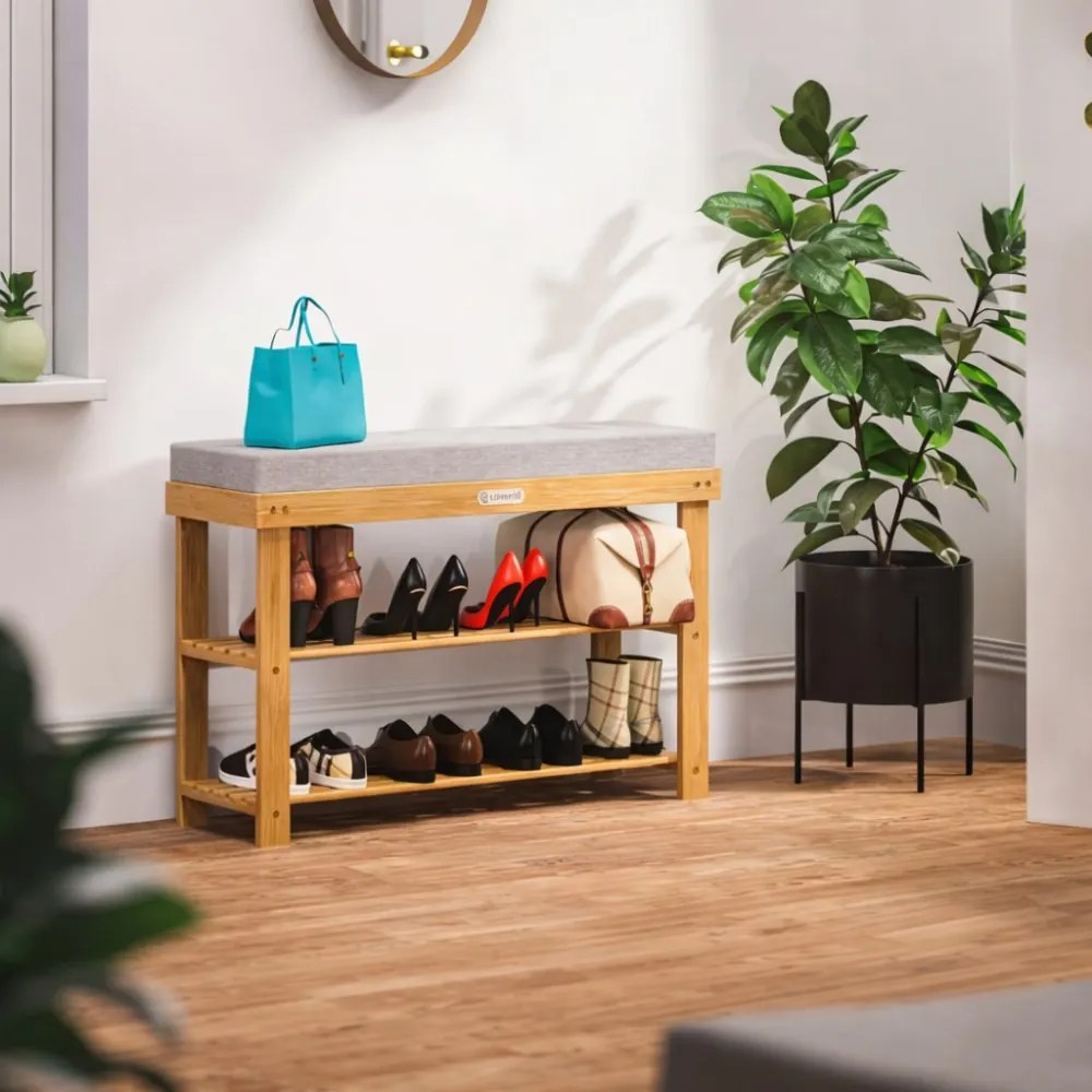 Пейка за обувки от акациево дърво със седалка 90 x 30 x 48 cm