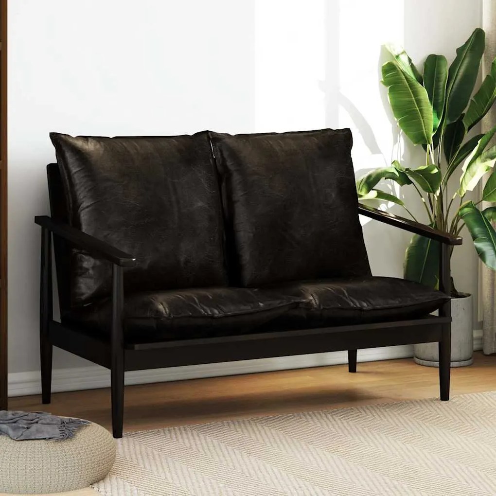 246483 vidaXL 2-местен фотьойл, естествена кожа и акациево дърво, черен