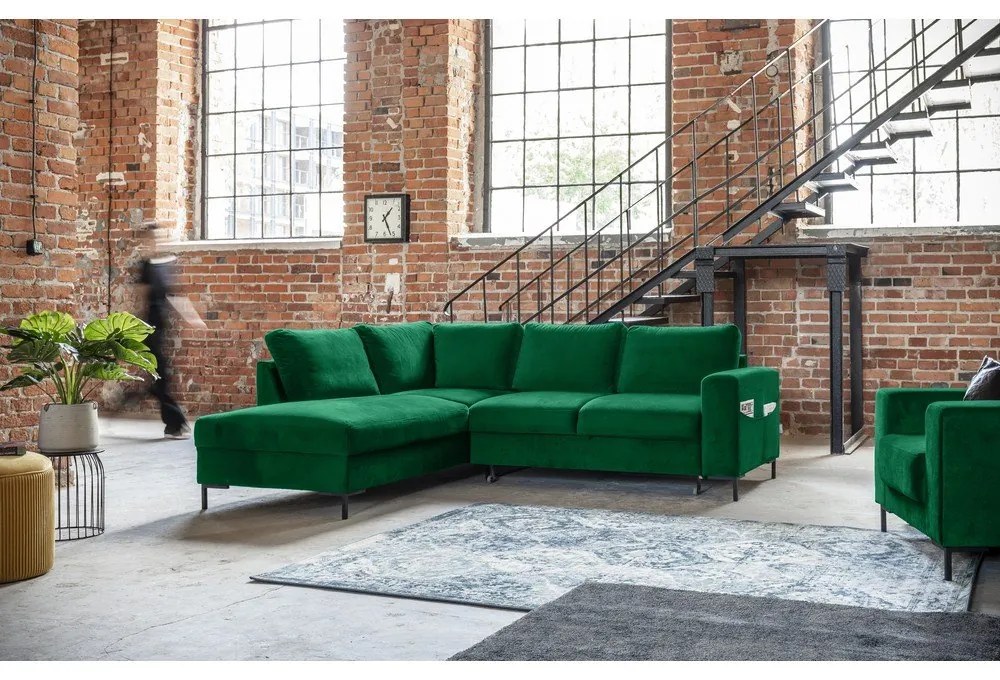Тъмнозелен кадифен разтегателен ъглов диван (ляв ъгъл) Lofty Lilly – Miuform