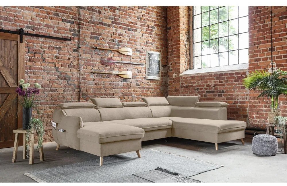 Бежов кадифен U-образен ъглов диван (десен ъгъл) Sweet Harmony - Miuform