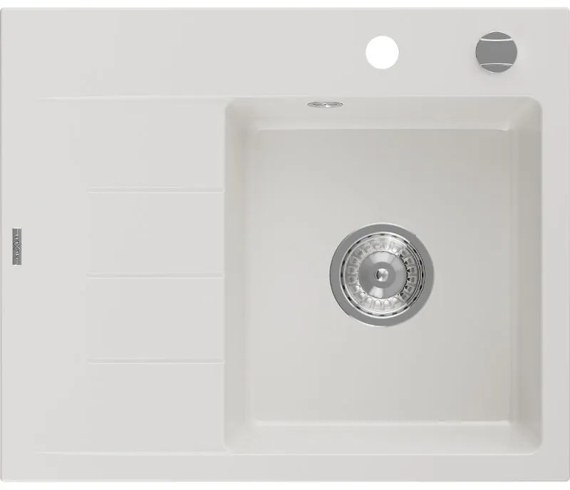 Mexen Ben гранитна мивка с 1 камера и плот, дясна 600 x 500 мм, бяла, хромиран