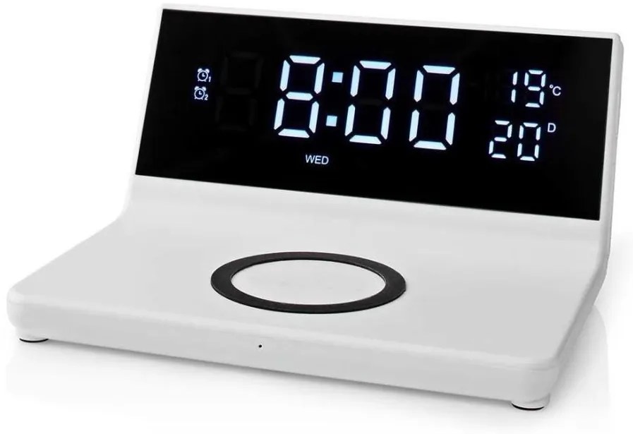 Nedis WCACQ20WT - Будилник с LCD и безжично зареждане 15W/5V, бял