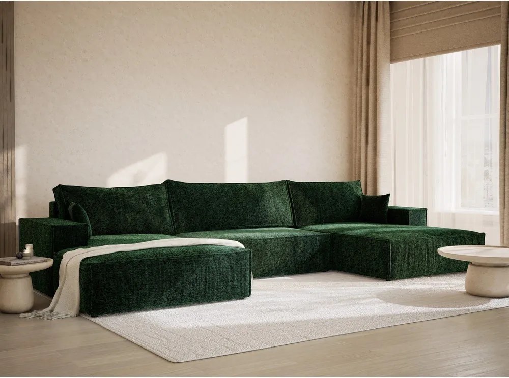 Тъмнозелен шенилов сгъваем/с място за съхранение ъглов диван (U форма) Kyoto – Maison de Rêve