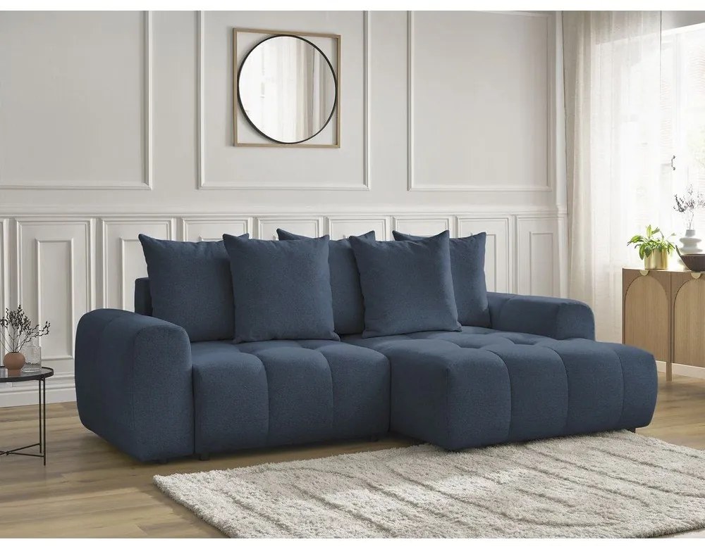 Син шенилов разтегателен ъглов диван с място за съхранение (десен ъгъл) Roxelane – Bobochic Paris