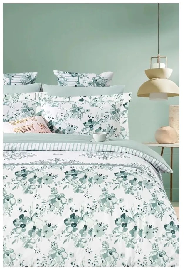 Бяло зелено двойно удължено спално бельо от памук Renforcé с включен долен чаршаф 4 части 200x220 cm – Mila Home