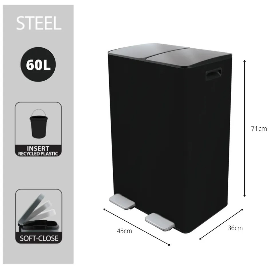 Матово черно стоманено кошче за боклук 2x30 l за рециклиране с педал Aliya – Spirella