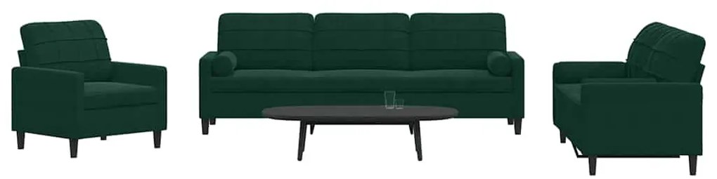 3278453 vidaXL Мека мебел от 3части с възглавници и болстери тъмнозелен кадифе