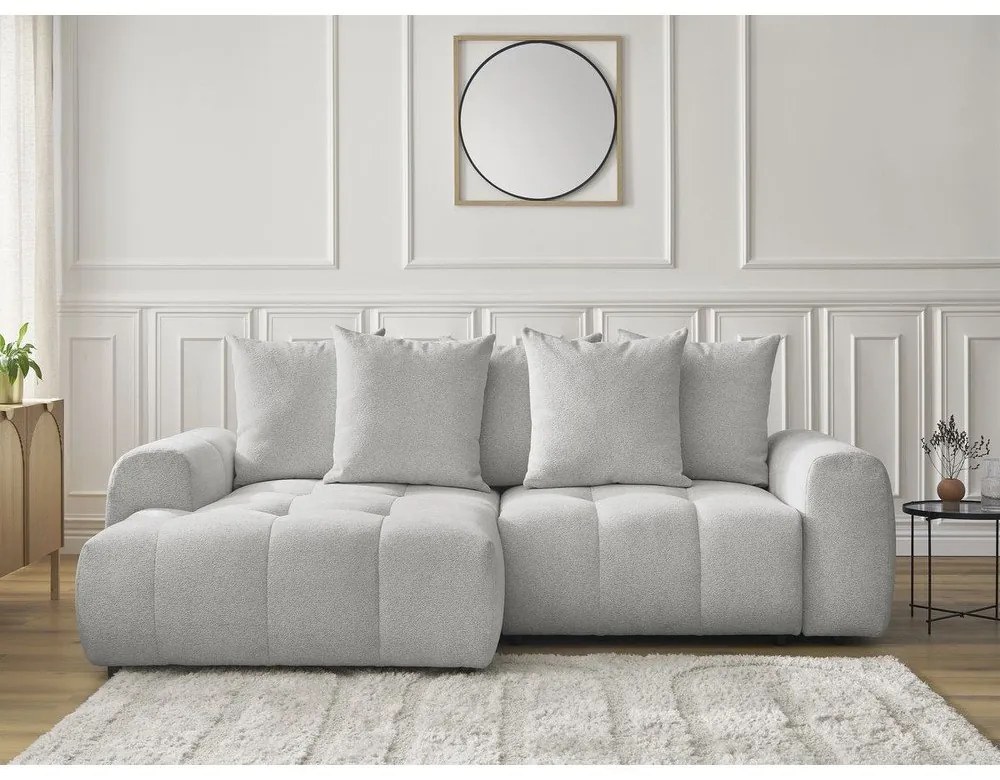 Светлосив шенилов разтегателен ъглов диван с място за съхранение (ляв ъгъл) Roxelane – Bobochic Paris