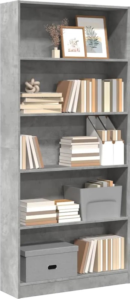 857856 vidaXL Библиотека, бетонно сива, 80x24x176 см, инженерно дърво