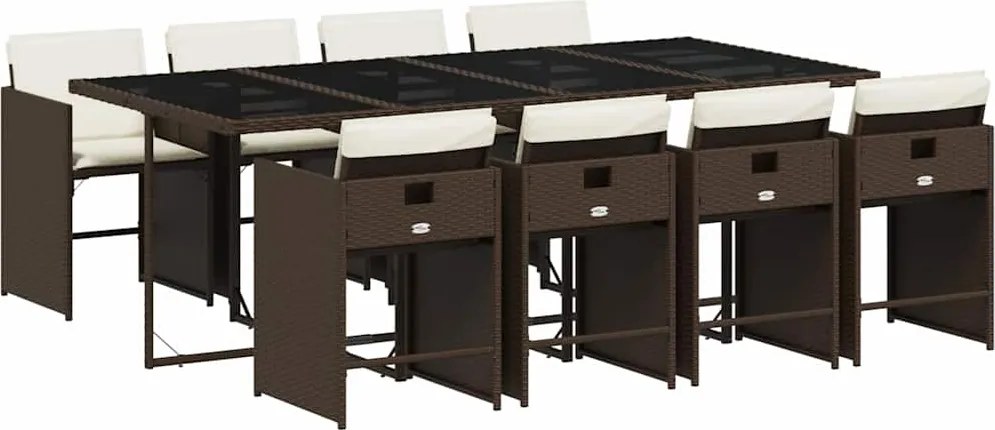 3211101 vidaXL Градински трапезен комплект възглавници 9 части кафяв полиратан