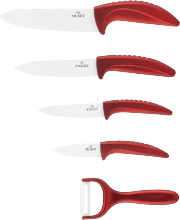Комплект ножове с поставка ZILNER ZL 5123, 6 части, Белачка, Керамично покритие, Червен