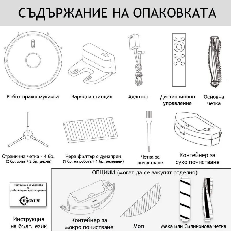 Прахосмукачка робот MAGNUM ONE, Li-Ion 2600 mAh, 30 W, 2700 Pa, Сухо почистване, 3-степенна филтрация, Wi-Fi, Гласов контрол, Черен