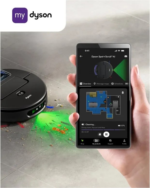 Прахосмукачка робот Dyson Spot+Scrub Ai 586183-01, 18000 Pa, 3 л, Сухо/мокро, Разпознаване на петна, Автоматична станция, Черен/Син