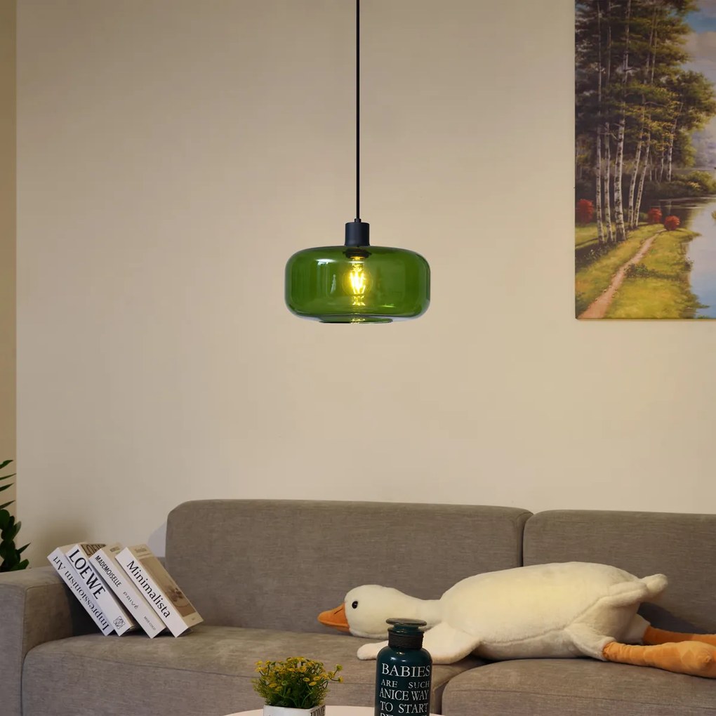 Ретро висящ полилей черен със зелено стъкло - Bizle