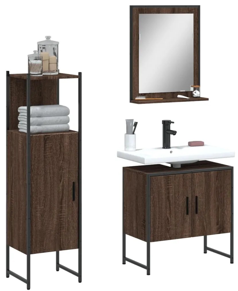 3214348 vidaXL Комплект шкафове за баня от 3 части инженерно дърво кафяв дъб