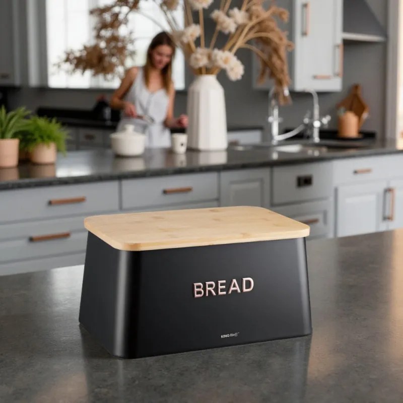 Кутия за хляб с капак за рязане Kinghoff KH 1948, 35 см, Бамбук, Стомана, Черен