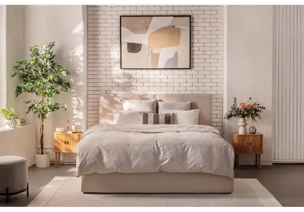 Бежово тапицирано двойно легло с място за съхранение и включена подматрачна рамка 160x200 cm Thessa Bold – Bonami Selection