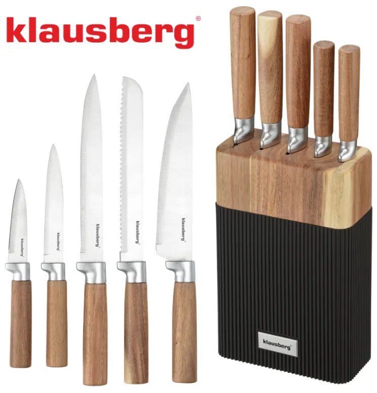 Комплект ножове Klausberg KB 7981, 6 части, Неръждаема стомана, Стойка, Кафяв/графит