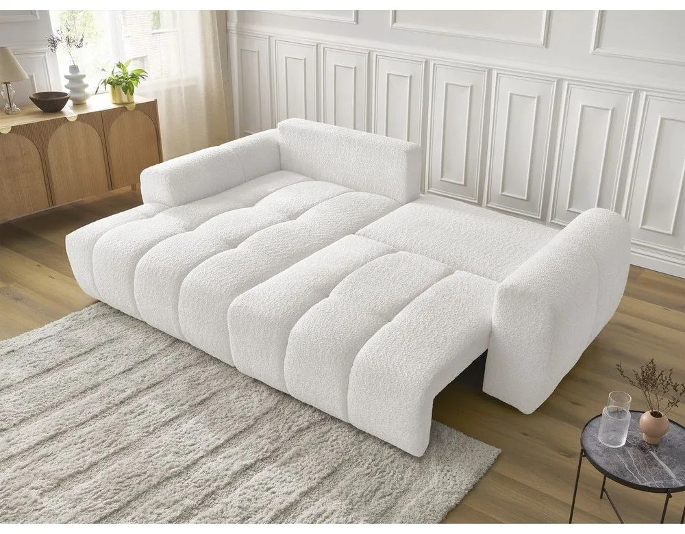 Бял разтегателен ъглов диван с място за съхранение от букле (ляв ъгъл) Roxelane – Bobochic Paris
