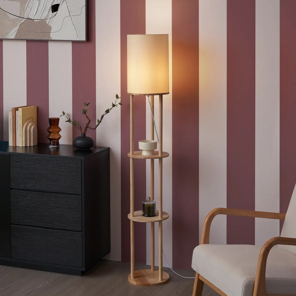 Модерна подова лампа дърво с бежов абажур - Stojon