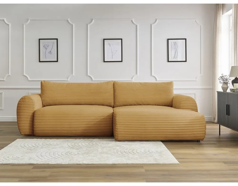 Разтегателен ъглов диван от рипсено кадифе в цвят горчица (десен ъгъл) Lucien – Bobochic Paris