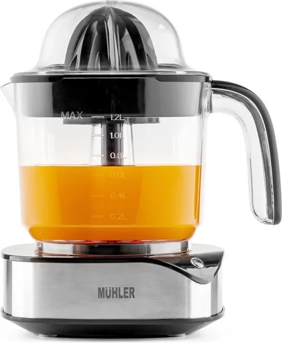 Цитрус преса Muhler MJ-4020, 40 W, 1.2 л, Двупосочно движение, Индикаторна лампа, 2 конуса, Черен/Инокс