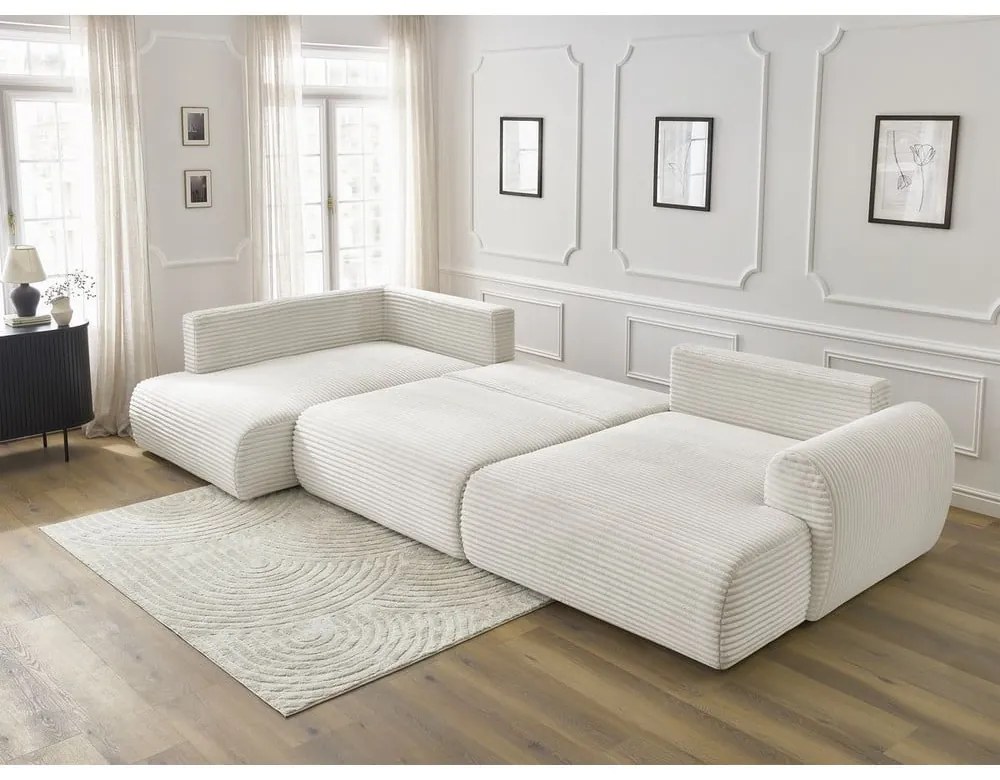 Кремав сгъваем/с място за съхранение ъглов диван от рипсено кадифе (ляв ъгъл/U форма) Lucien – Bobochic Paris