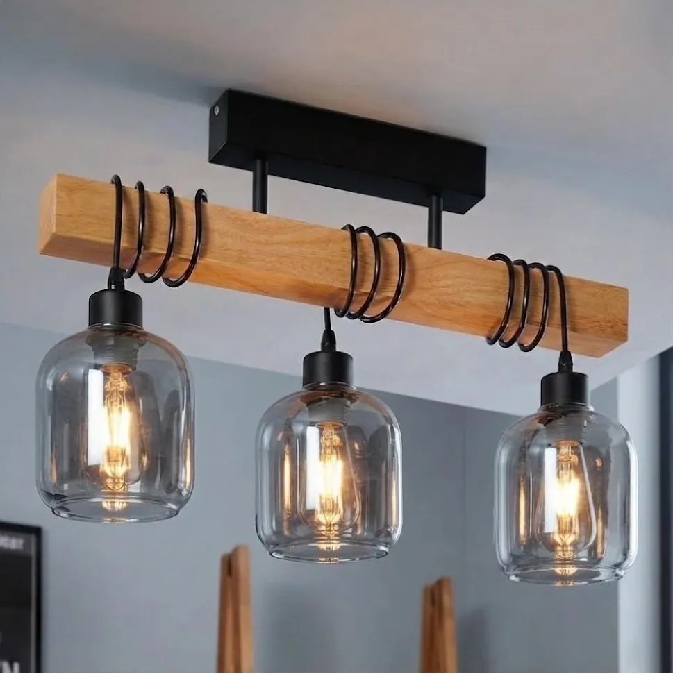 BRILAGI - Повърхностно монтирана люстра WOOD GLASS 3xE27/60W/230V бор/черно/пушено сиво