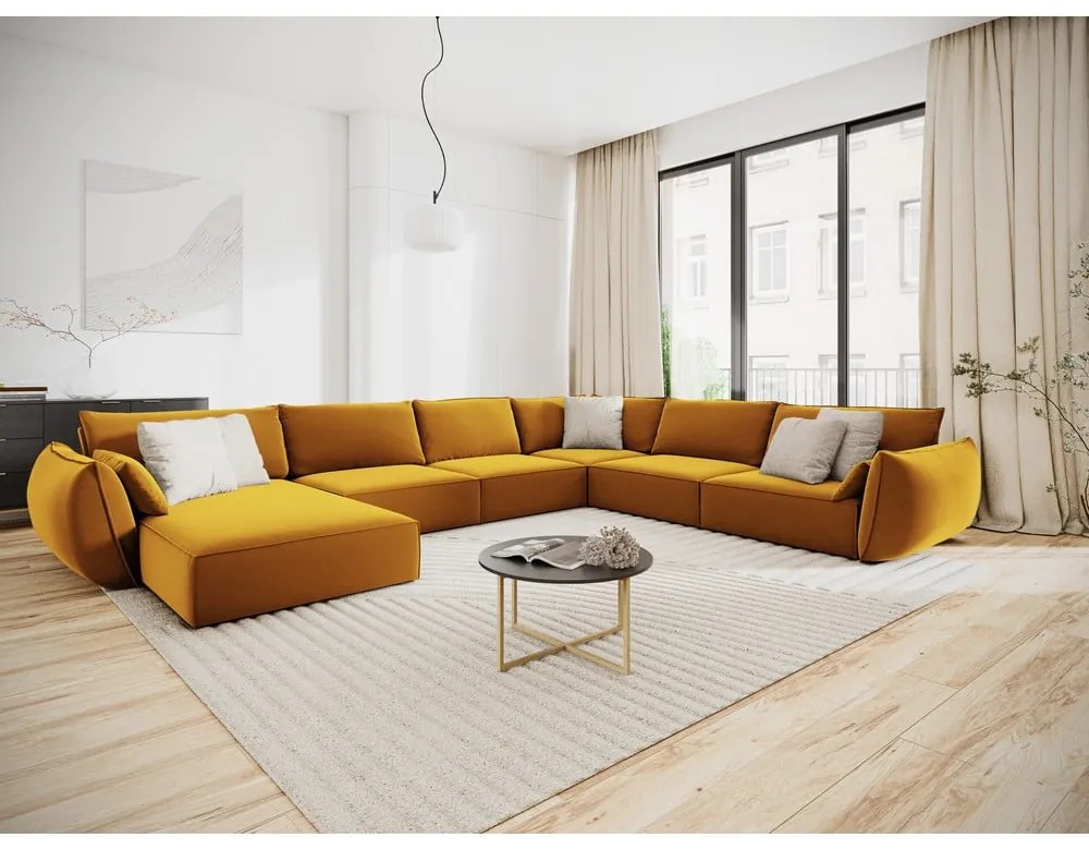 Кадифен ъглов диван в цвят горчица (десен ъгъл/U форма) Vanda – Mazzini Sofas