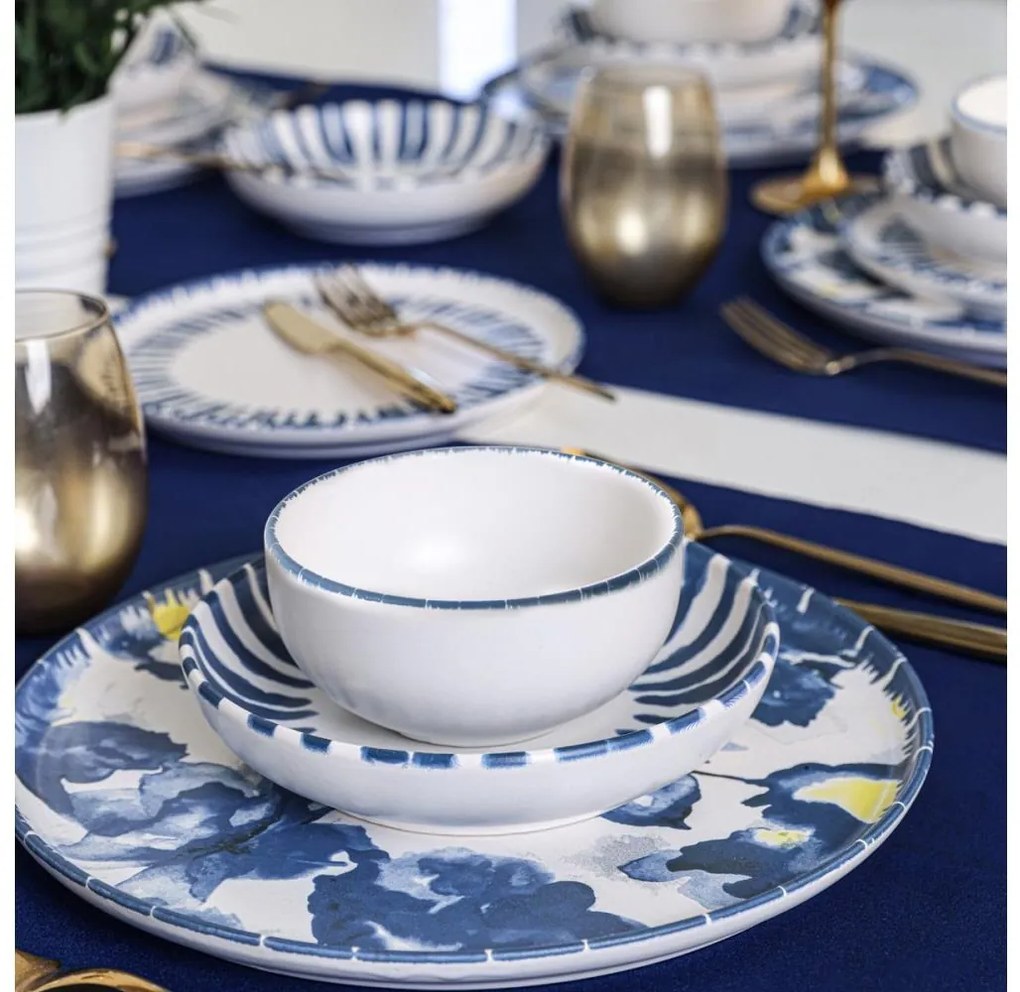 Комплект за хранене 24 части, бял/син, каменна керамика