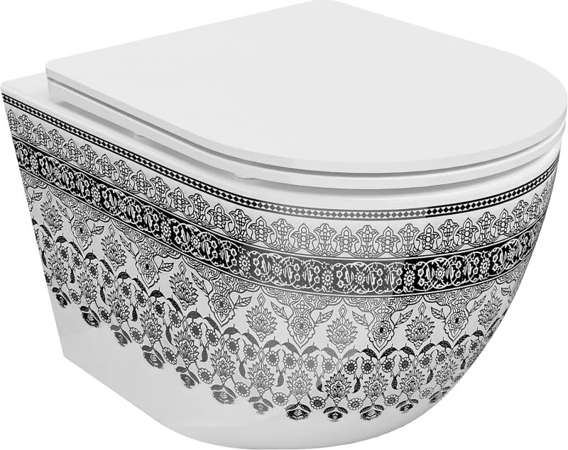 Mexen Lena Rimless тоалетна чиния с бавно падаща седалка, тънка, дуропласт, бяла/черна шарка - 30224095