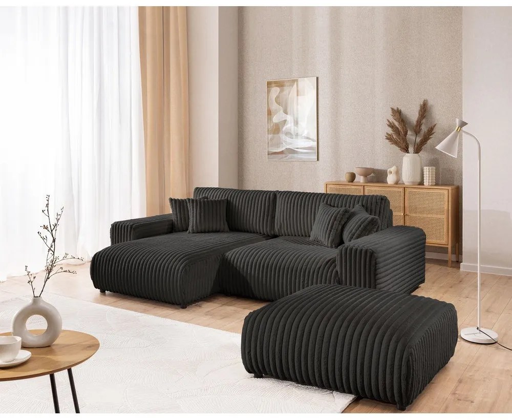 Тъмносив разтегателен ъглов диван от рипсено кадифе с място за съхранение (ляв ъгъл) Sarina – Ropez