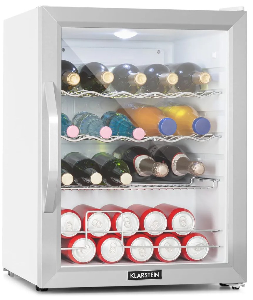 Klarstein Beersafe XL Crystal White, хладилник, D, 60 л, LED, стъклена врата, бяло/сребристо