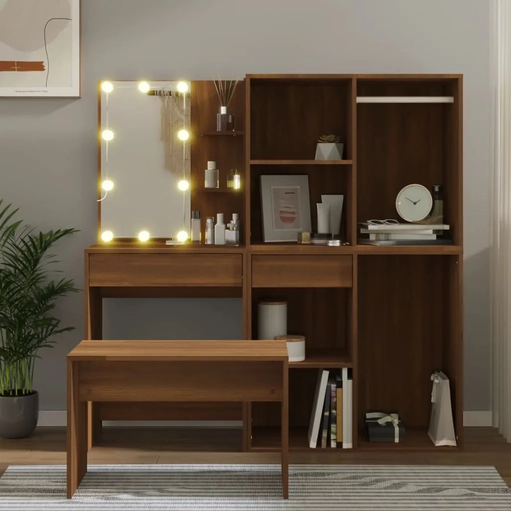 3114106 vidaXL Комплект тоалетка с LED, кафяв дъб, инженерно дърво