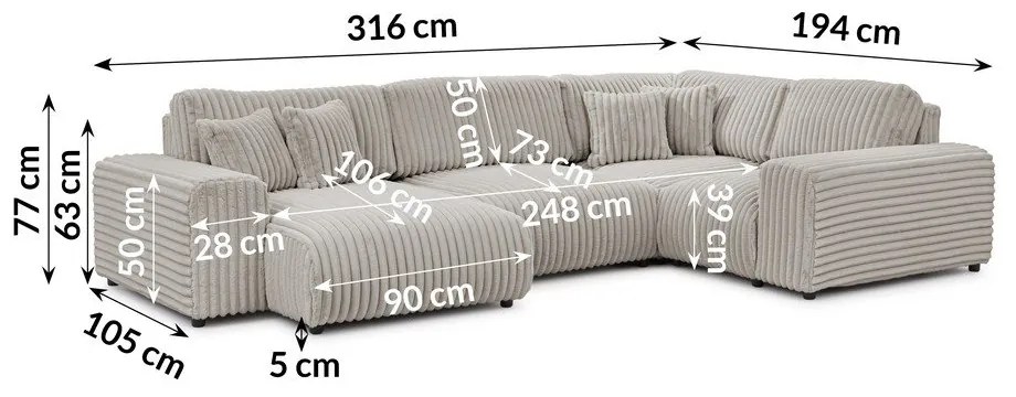 Светлосив ъглов диван от рипсено кадифе (десен ъгъл/U форма) Justin – Ropez