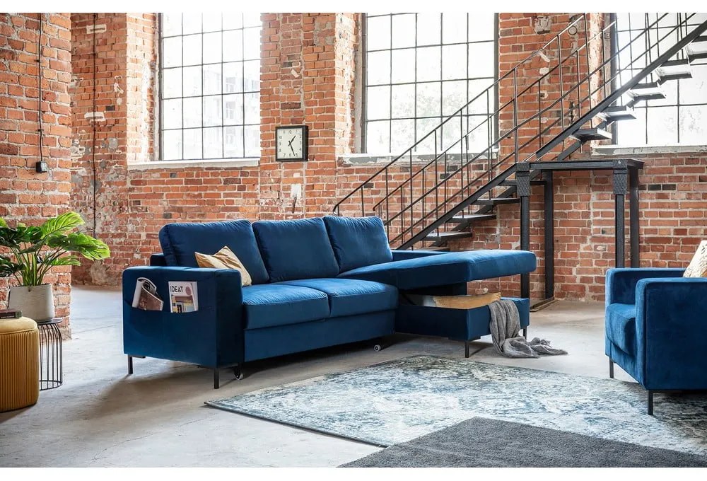 Морскосиньо кадифено ъглов диван, десен ъгъл Lofty Lilly - Miuform