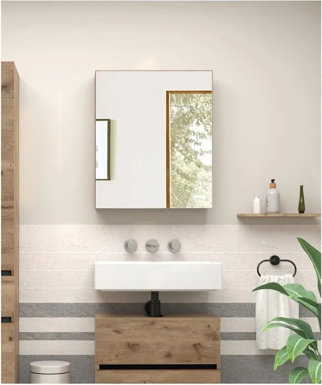 Стенен шкаф за баня с огледало от декор от дъб в естествен цвят 60x70 cm Wisla – Støraa