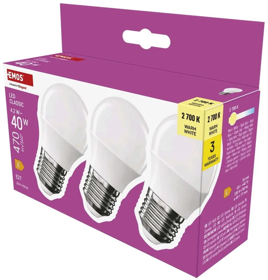 Топли бели LED крушки в комплект от 3 бр. E27, 4 W – EMOS