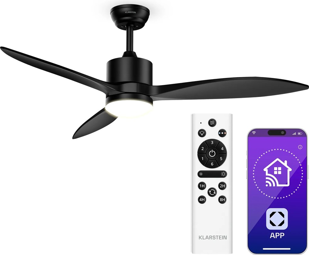 Klarstein SkyBreeze Интелигентен таванен вентилатор със светлина | 132 см | 27 W | Тих | LED | Дървен