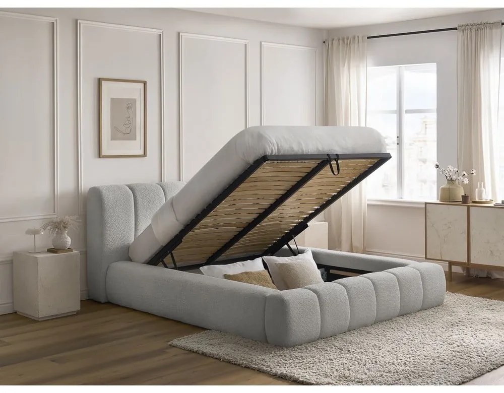 Светлосиво двойно тапицирано легло с място за съхранение с включена подматрачна рамка 160x200 cm Denali – Bobochic Paris