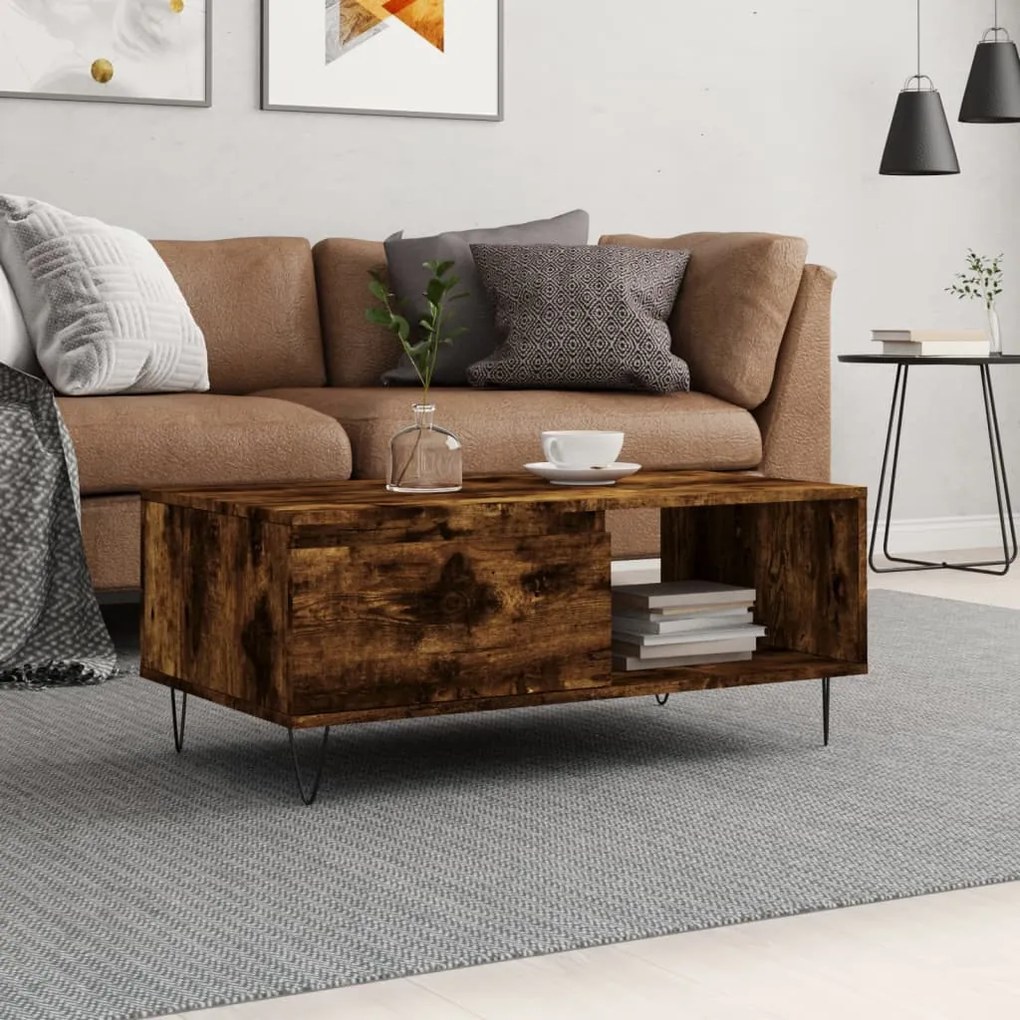 830569 vidaXL Кафе маса, опушен дъб, 90x50x36,5 см, инженерно дърво