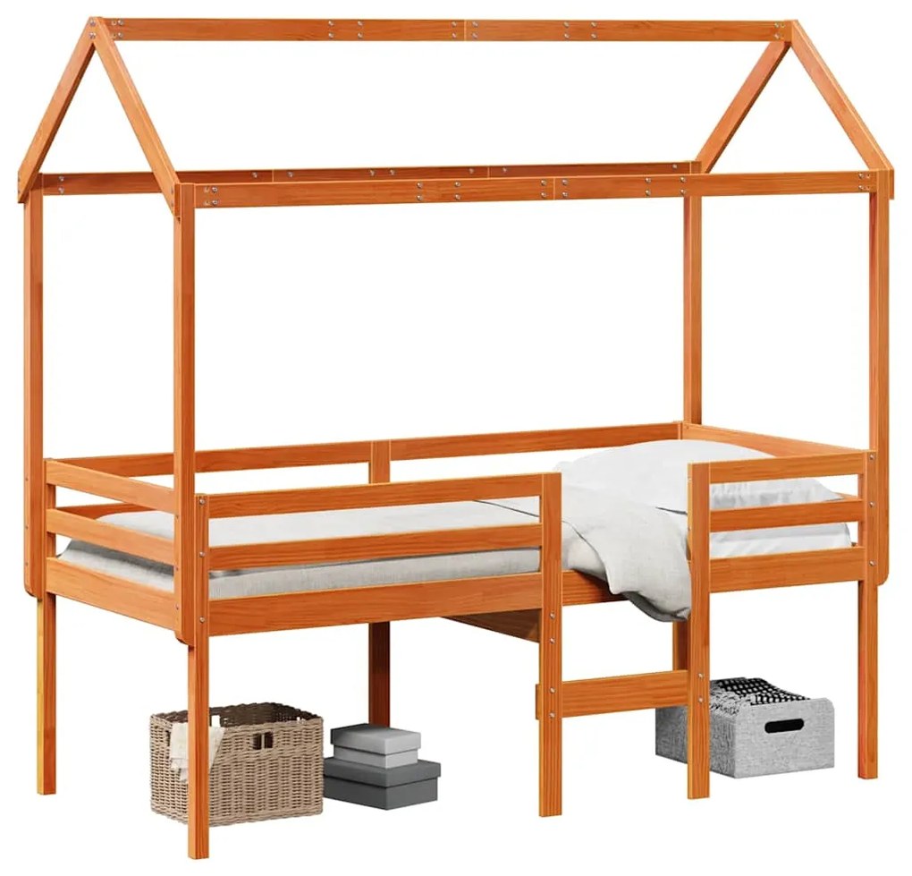 3282137 vidaXL Високо легло с покрив восъчнокафяво 80x200см борово дърво масив