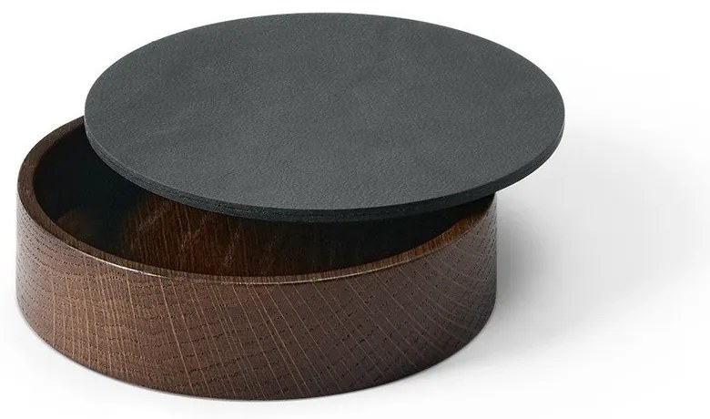 Дървена декоративна кутия за съхранение от еко кожа с капак в антрацитен и кафяв цвят ø 11x3,5 cm Circle Nupo – LIND DNA