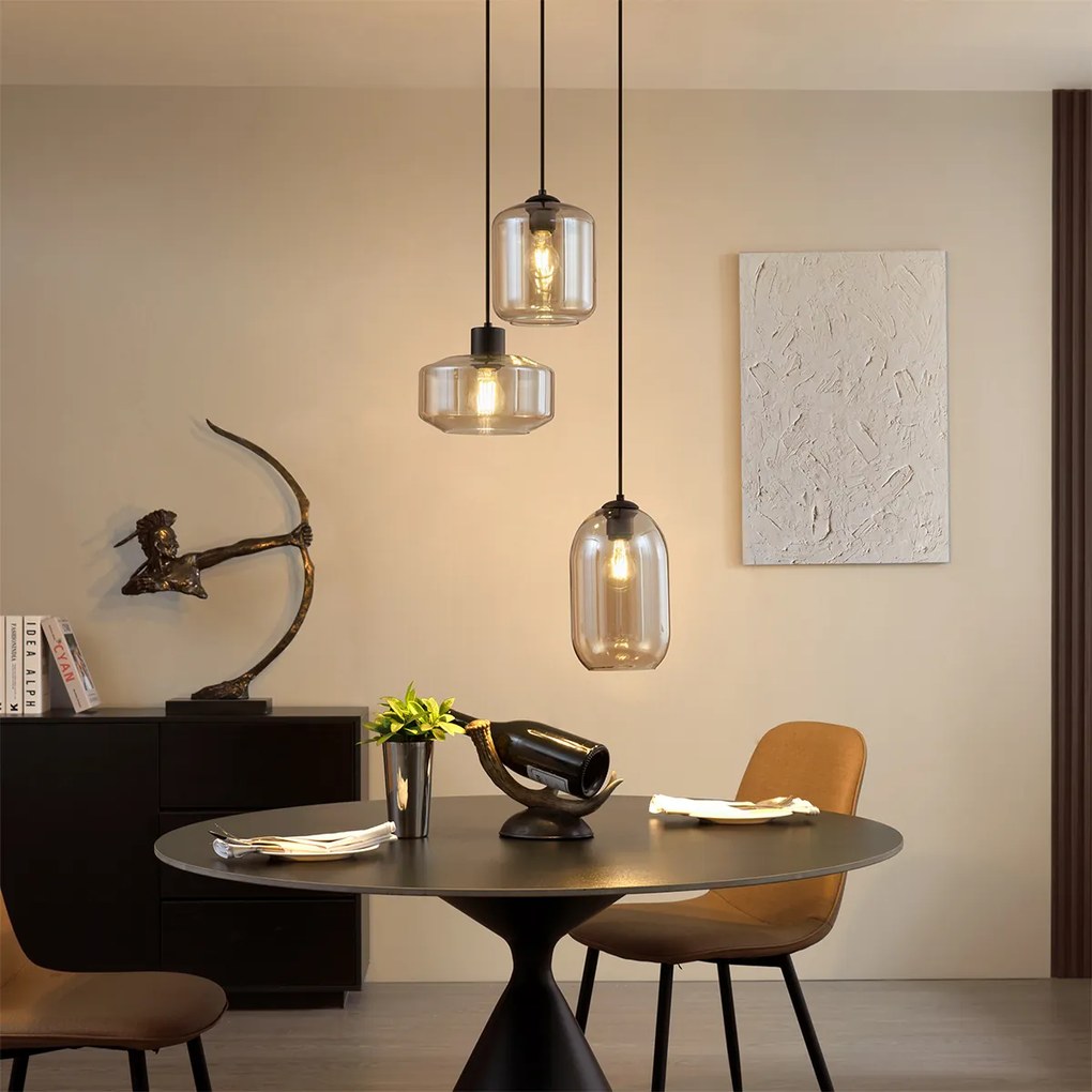 Модерен висящ лампион черен с кехлибарено стъкло 3 светлини - Sheena