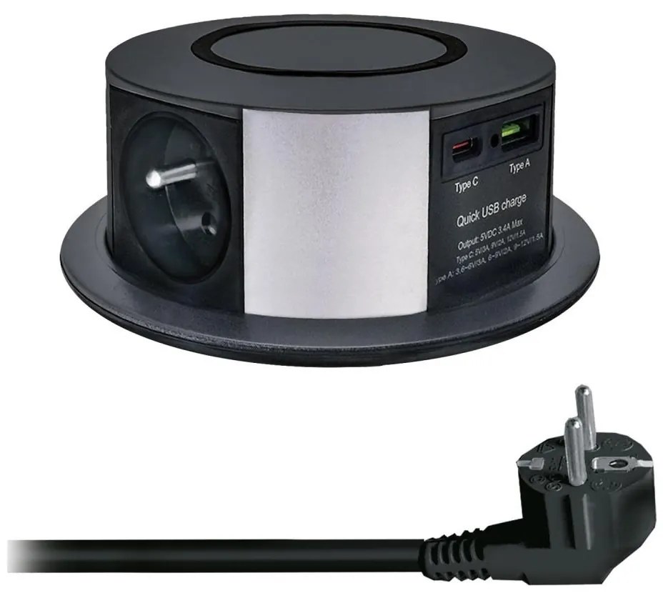 Solight PP120CW-PD20-B - колона с контакти за маса с Qi, 3x230V, USB-A, USB-C